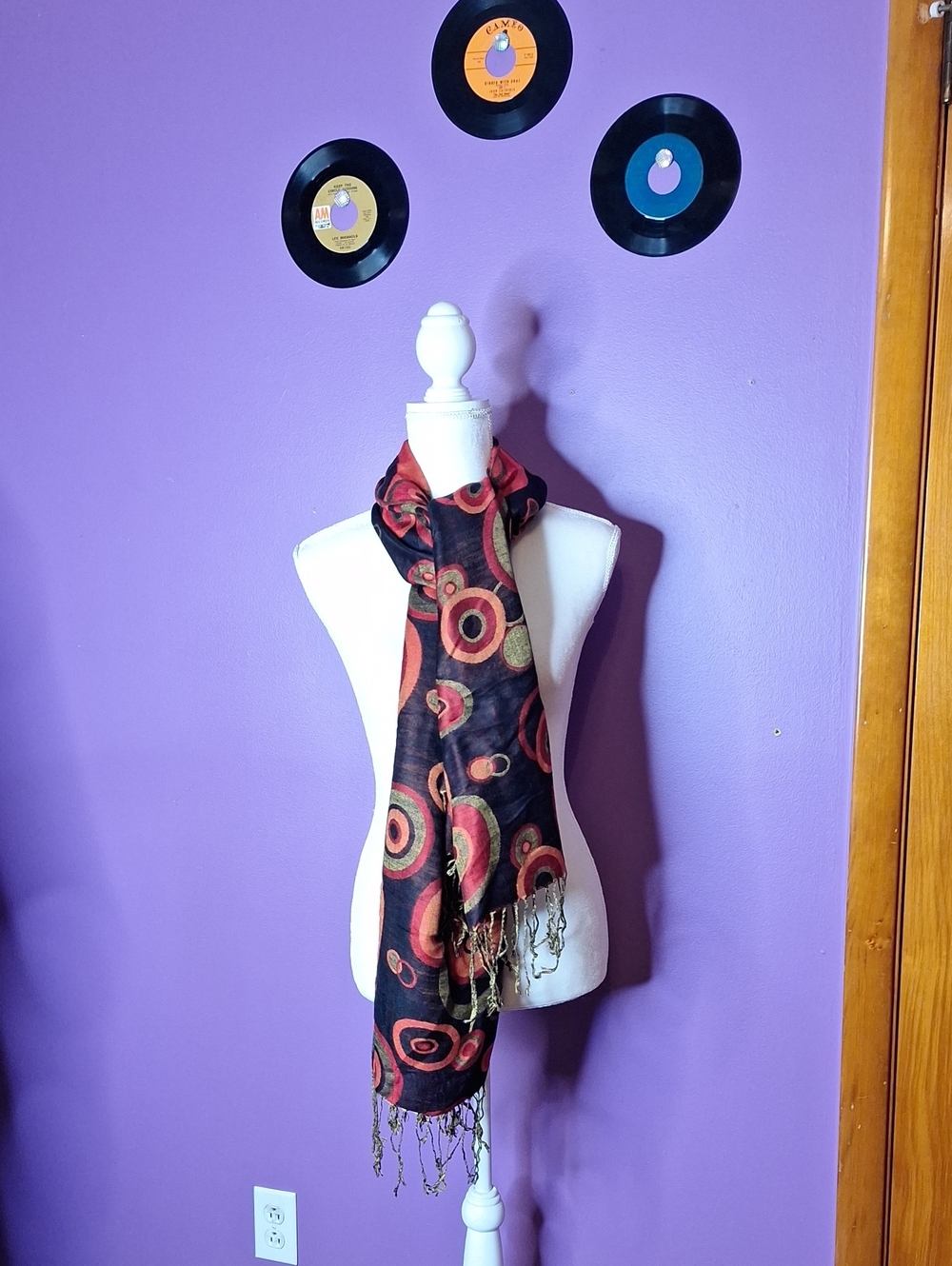 pashmina Black Scarf with Red and Gold Circle Pattern
